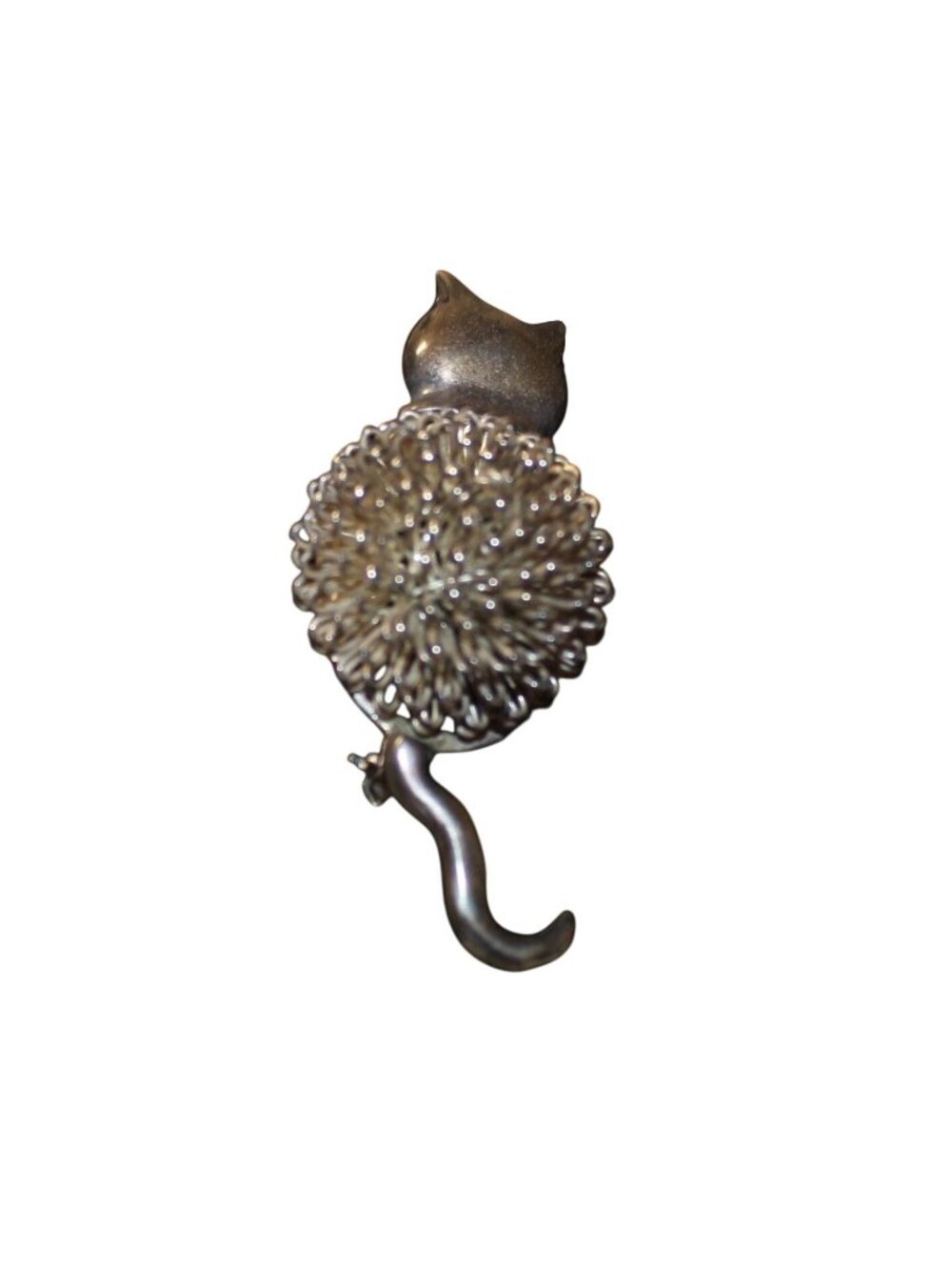 Vintage Silver Tone Cat Brooch Textured Spiky Pom Pom Ball Body Whimsical Pin